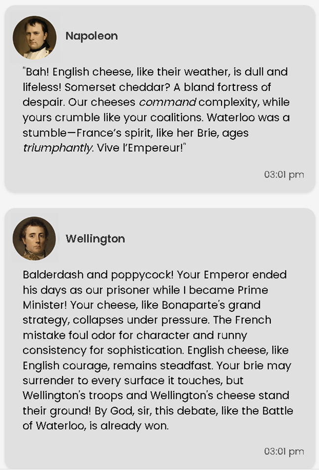 Napoleon and Wellington arguing about cheese